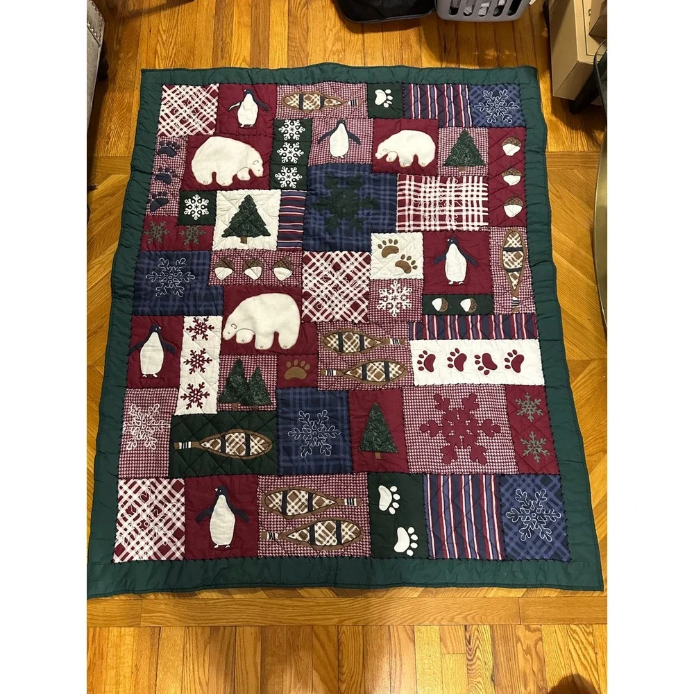 Winter Lodge Patchwork Quilt Polar Bear Penguin Snowshoe Applique Cotton Throw